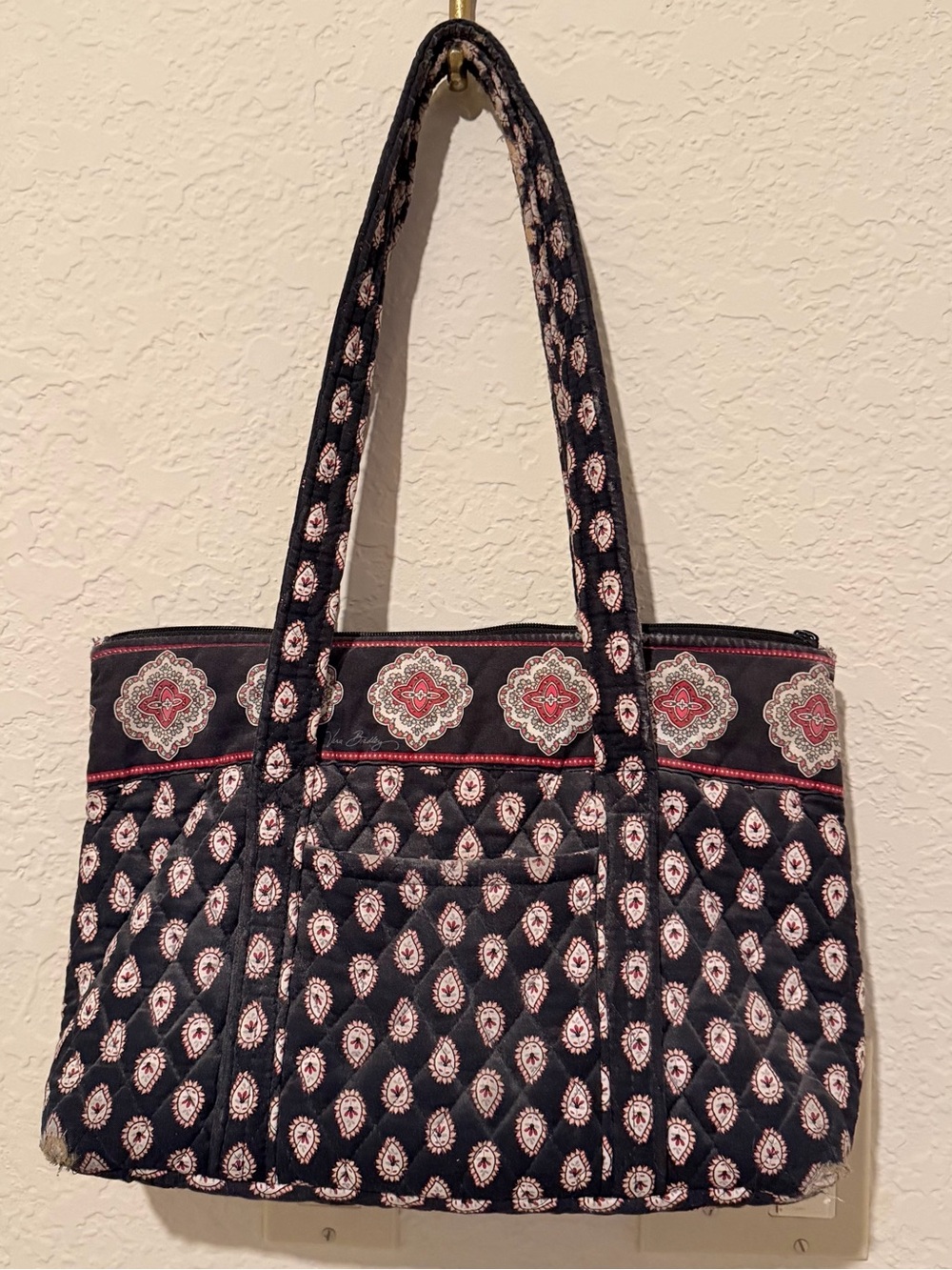 Vera Bradley Navy Quilted Tote with Pink and Cream Medallion Print